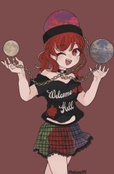 Rule 34 | 1girl, ;d, artist name, bad id, bad pixiv id, bare shoulders, black choker, black shirt, blue skirt, blush, brown background, chain, choker, clothes writing, commentary request, cowboy shot, earth (ornament), green skirt, hands up, heart, hecatia lapislazuli, highres, lace, lace-trimmed skirt, lace trim, long hair, looking at viewer, midriff peek, moon (ornament), multicolored clothes, multicolored skirt, nail polish, ochio, off-shoulder shirt, off shoulder, one eye closed, open mouth, plaid, plaid skirt, red eyes, red hair, red nails, red skirt, shirt, short sleeves, simple background, skirt, smile, solo, standing, t-shirt, touhou, twitter username