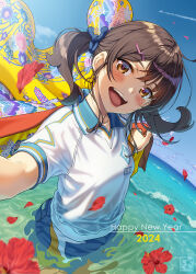 Rule 34 | 1girl, 2024, :d, aircraft, airplane, artist logo, blue shorts, brown eyes, brown hair, collared shirt, commentary request, flag, flower, gym uniform, hair ornament, hairclip, happy new year, hibiscus, highres, holding, holding flag, looking at viewer, medium hair, new year, open mouth, original, outdoors, pairan, red flower, shirt, short sleeves, shorts, smile, solo, standing, twintails, wading, water, wet, wet clothes, white shirt