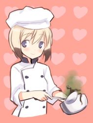 Rule 34 | 1girl, bad food, blonde hair, blue eyes, brown hair, chef, chef hat, cooking, erica hartmann, hat, heart, heart background, ladle, multicolored hair, pink background, pot, shimada fumikane, sleeves rolled up, smile, strike witches, two-tone hair, world witches series