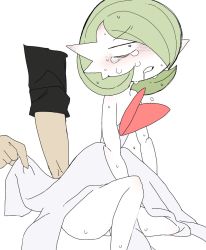 Rule 34 | 1boy, 1girl, bare shoulders, black eyes, blush, bob cut, clenched teeth, clothes lift, colored skin, constricted pupils, creatures (company), dress, dress lift, drooling, ear blush, fingering, flat chest, flat color, game freak, gardevoir, gen 3 pokemon, green hair, hair over one eye, hand under clothes, hetero, interspecies, knee up, lifted by self, mega gardevoir, mega pokemon, nintendo, nose blush, one eye covered, pokemon, pokemon (creature), saliva, short hair, simple background, sitting, sketch, solo focus, strapless, strapless dress, sweat, tears, teeth, white background, white dress, white skin, yamada (pixiv 24040206)