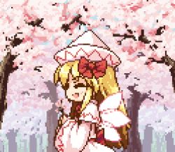 Rule 34 | 1girl, :d, ^ ^, animated, animated gif, blonde hair, blue eyes, bow, capelet, cherry blossoms, closed eyes, commentary request, cowboy shot, dress, eighth note, facing viewer, fairy wings, flower, from side, hair bow, happy, hat, holding, holding flower, isu (is88), lily white, long hair, long sleeves, looking at viewer, lowres, music, musical note, open mouth, pink flower, pixel art, profile, red bow, red sash, sash, sidelocks, singing, smile, touhou, translation request, tree, white capelet, white headwear, wide sleeves, wings
