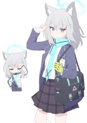 Rule 34 | 1girl, absurdres, animal ears, arms up, bag, blue archive, blue eyes, blue jacket, blue necktie, blue scarf, checkered clothes, checkered skirt, closed eyes, gloves, green gloves, grey hair, grey skirt, hagoonha, heterochromia, highres, jacket, looking at viewer, name tag, necktie, scarf, school bag, shiroko (blue archive), shiroko (cycling) (blue archive), shirt, simple background, skirt, socks, thighs, white background, white shirt, white socks, wolf ears