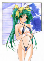 Rule 34 | 1girl, black one-piece swimsuit, blush, bracelet, breasts, cloud, collarbone, green eyes, green hair, hasumi elan, itou noemi, jewelry, long hair, looking at viewer, medium breasts, navel, one-piece swimsuit, sky, slingshot swimsuit, standing, swimsuit, twintails, with you