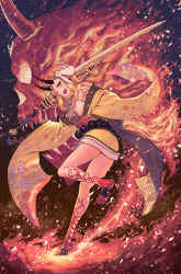 Rule 34 | 1girl, :d, arm tattoo, bare legs, bare shoulders, beads, blonde hair, commentary request, demon, earrings, facial mark, fang, fate/grand order, fate (series), fingernails, fire, floral print, forehead mark, full body, hair ornament, highres, holding, holding sword, holding weapon, horns, ibaraki douji (fate), japanese clothes, jewelry, kimono, leg tattoo, leg up, long hair, long sleeves, looking at viewer, looking back, off shoulder, oni, oni horns, open mouth, plant, prayer beads, print kimono, pyrokinesis, sharp fingernails, sharp teeth, shoulder tattoo, sidelocks, sion (9117), skull, smile, solo, standing, standing on one leg, sword, tattoo, teeth, very long hair, weapon, wide sleeves, yellow eyes, yellow kimono