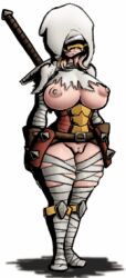 Rule 34 | 1girl, animated, animated gif, armor, bandaged arm, bandaged leg, bandages, belt, belt buckle, blonde hair, bottomless, breasts, buckle, cape, cleft of venus, corset, covered face, darkest dungeon, faulds, functionally nude, genderswap, gloves, hood, knee pads, large breasts, leather, leather gloves, leper (darkest dungeon), lowres, mask, nipples, no bra, no panties, nude mod, over shoulder, pussy, shadow, solo, standing, sword, sword over shoulder, thick thighs, thighs, topless, torn cape, torn clothes, transparent background, uncensored, video game, warrior, weapon, weapon over shoulder, xelsword