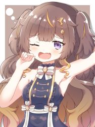 Rule 34 | 1girl, absurdres, anya melfissa, arm up, armpits, blush, breasts, brown hair, commentary request, fang, hair ornament, highres, hololive, hololive indonesia, holoro, looking at viewer, one eye closed, open mouth, purple eyes, resolution mismatch, sleepy, sleeveless, solo, source smaller, tears, virtual youtuber, zendamu