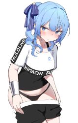 Rule 34 | 1girl, black panties, black shorts, blue eyes, blue hair, blush, breasts, character name, closed mouth, clothes pull, copyright name, cowboy shot, hair ribbon, highres, hololive, hololive dance practice uniform, hoshimachi suisei, long hair, official alternate costume, orobou, panties, pulled by self, ribbon, shirt, short sleeves, shorts, shorts pull, side ponytail, simple background, small breasts, solo, standing, underwear, virtual youtuber, white background, white shirt