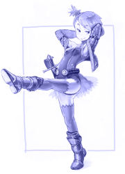 Rule 34 | 1girl, arms up, blue theme, boots, breasts, futami ami, hair ornament, highres, idolmaster, idolmaster (classic), jacket, kousaku, leg up, leotard, monochrome, outstretched leg, short hair, side ponytail, small breasts, smile, solo, sword, thighhighs, weapon