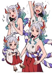 Rule 34 | 1girl, ai nige, bare shoulders, breasts, curled horns, dress, earrings, green hair, hair ornament, highres, horns, japanese clothes, jewelry, kimono, long hair, looking at viewer, multicolored hair, multicolored horns, one piece, oni, red horns, rope, shimenawa, sideboob, simple background, sleeveless, smile, white background, yamato (one piece), aged down