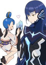 Rule 34 | 1boy, 1girl, amanozako (megami tensei), androgynous, asymmetrical hair, blue bodysuit, blue hair, bodysuit, commentary request, crossed bangs, donbee937, eyelashes, floating, full body, heart, high five, highres, japanese clothes, long hair, looking at another, protagonist (smtv), sandals, shin megami tensei, shin megami tensei v, short hair, simple background, upper body, white background, wings, yellow eyes