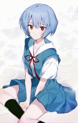 Rule 34 | 1girl, absurdres, acetylene-lamp, arms between legs, ayanami rei, black socks, blouse, blue hair, blue skirt, closed mouth, collarbone, commentary, expressionless, highres, kneehighs, looking at viewer, neck ribbon, neon genesis evangelion, red eyes, red ribbon, ribbon, school uniform, shirt, short hair, short sleeves, sitting, skirt, socks, solo, suspender skirt, suspenders, tokyo-3 middle school uniform, white background, white shirt