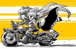 Rule 34 | 2girls, armlet, biker clothes, bikesuit, bodysuit, boots, breasts, clenched teeth, commentary, earmuffs, flat chest, full body, gloves, gradient hair, happy, hijiri byakuren, holding on, long hair, monochrome, motor vehicle, motorcycle, multicolored hair, multiple girls, multiple riders, open mouth, profile, riding, scared, short hair, skirt, sleeveless, solid circle eyes, sparkle, spot color, teeth, touhou, toyosatomimi no miko, turbo byakuren, vehicle, very long hair, yt (wai-tei)