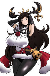 Rule 34 | 10s, 1girl, alternate breast size, arms up, arulumaya, black gloves, breasts, brown eyes, brown hair, christmas, elbow gloves, gloves, granblue fantasy, horns, huge breasts, large breasts, long hair, matching hair/eyes, mole, mole under eye, pantyhose, simple background, solo, thighs, torii5011, white background, wide hips