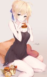 Rule 34 | 1girl, ahoge, artist name, artoria pendragon (all), artoria pendragon (fate), bare shoulders, blonde hair, blue ribbon, braid, braided bun, burger, crown braid, cup, dated, drinking glass, eating, fate/grand order, fate (series), food, food on face, green eyes, hair between eyes, hair bun, hair ribbon, highres, ice cream, jewelry, looking at viewer, necklace, nightgown, pale skin, parted lips, pillow, ribbon, saber (fate), sai (saipoko), single hair bun, sitting, solo, strap slip