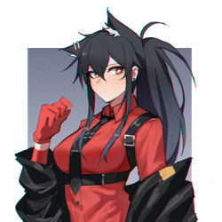 Rule 34 | 1girl, alternate hairstyle, animal ear fluff, animal ears, arknights, black hair, black jacket, black necktie, breasts, brown eyes, chromatic aberration, commentary request, earrings, gloves, hair between eyes, hand up, hanenosaki, highres, jacket, jewelry, long hair, looking at viewer, medium breasts, necktie, off shoulder, official alternate costume, ponytail, red gloves, red shirt, shirt, sidelocks, solo, stud earrings, texas (arknights), texas (willpower) (arknights), upper body, wing collar, wolf ears