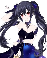 Rule 34 | bare shoulders, black hair, bracelet, breasts, cleavage, collar, dress, gown, highres, jewelry, long hair, medium breasts, neptune (series), noire (neptunia), red eyes, ribbon, shaah candidate, skirt, smile, thighs, tsundere, twintails, very long hair