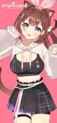 Rule 34 | 1girl, :d, absurdres, animal ears, ayamy, ayamy (vtuber), black shirt, black skirt, blue eyes, breasts, brown hair, cat ears, cat tail, cleavage, cowboy shot, crop top, drawstring, hair ornament, hair ribbon, hairclip, hands up, head tilt, highres, hood, hood down, indie virtual youtuber, large breasts, long hair, long sleeves, looking at viewer, midriff, miniskirt, open mouth, paw pose, pleated skirt, ribbon, shirt, shrug (clothing), side ponytail, skirt, sleeveless, sleeveless shirt, smile, solo, tail, thigh strap, virtual youtuber, x hair ornament