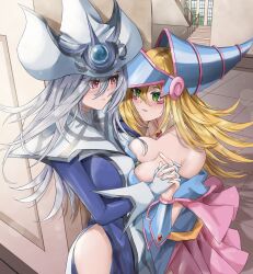 Rule 34 | 2girls, absurdres, asymmetrical docking, blonde hair, blush stickers, breast press, breasts, cleavage, dark magician girl, day, duel monster, gloves, green eyes, grey hair, hat, highres, holding hands, indoors, interlocked fingers, jewelry, large breasts, long hair, looking at another, misakura aoi, multiple girls, necklace, pentagram, red eyes, silent magician, stairs, window, wizard hat, yu-gi-oh!, yuri