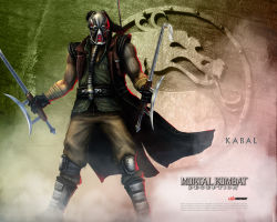 Rule 34 | 1boy, character name, copyright name, dual wielding, gas mask, gloves, holding, hook sword, kabal, male focus, mask, mortal kombat (series), standing, sword, weapon