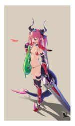 Rule 34 | 1girl, armor, armored boots, arrow (symbol), artist name, asymmetrical legwear, bad id, bad pixiv id, beige background, bikini, bikini armor, black gloves, black thighhighs, blue eyes, blush, boots, border, breasts, choker, collarbone, crystal, curled horns, dragon horns, dragon tail, elbow gloves, elizabeth bathory (brave) (fate), elizabeth bathory (fate), fate/grand order, fate (series), female focus, full body, gloves, hand up, highres, holding, holding sword, holding weapon, horns, knee boots, light blush, liline (liline 01), looking down, navel, nipple slip, nipples, open mouth, oversized clothes, pauldrons, pink hair, pointy ears, red bikini, red choker, red footwear, shoulder armor, signature, simple background, slime, small breasts, solo, standing, string bikini, swimsuit, sword, tail, teeth, thighhighs, tiara, two side up, uneven legwear, weapon, white border