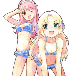 Rule 34 | 2girls, ;d, arm up, bare arms, bare shoulders, bikini, blonde hair, blue bikini, blush, breasts, brown eyes, cleavage, collarbone, copyright request, forehead, frilled bikini, frills, green eyes, hairband, highres, leaning forward, long hair, medium breasts, multiple girls, navel, nyama, one eye closed, open mouth, parted bangs, pink hair, polka dot, polka dot bikini, simple background, sketch, small breasts, smile, swimsuit, v, v-shaped eyebrows, very long hair, white background, white hairband