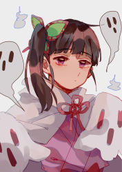 Rule 34 | 1girl, absurdres, black hair, butterfly hair ornament, chinese commentary, closed mouth, commentary request, ghost, grey background, hair ornament, highres, japanese clothes, kimetsu no yaiba, kimono, long hair, looking at viewer, mogutofuoes, neck ribbon, pink kimono, pink ribbon, purple eyes, ribbon, side ponytail, simple background, solo, tsuyuri kanao, upper body