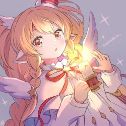 Rule 34 | 1girl, animal ears, blonde hair, botamochi (exwelder), braid, candle, commentary request, dress, dutch angle, fire, fire, granblue fantasy, hair ornament, holding, holding candle, light blush, long hair, long sleeves, mahira (granblue fantasy), neck ribbon, orange eyes, parted lips, red ribbon, ribbon, sidelocks, signature, solo, star (symbol), star hair ornament, translation request, triangle mouth, upper body, white dress, wings