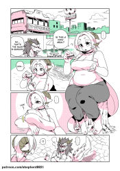Rule 34 | 1boy, 1girl, ?, alternate language, animal ears, blood, blush, brick floor, burger, chair, choker, cloud, cloudy sky, comic, commentary, crossed arms, cup, digitigrade, dragon boy, dragon ears, dragon girl, dragon horns, dragon tail, dropping, eating, english commentary, english text, flashback, flying sweatdrops, food, furry, furry female, furry male, giant, giantess, halterneck, highres, horns, jewelry, limited palette, magatama, magatama necklace, necklace, nosebleed, original, outdoors, restaurant, scales, shepherd0821, short hair, sitting, sitting on tree stump, sky, skyline, sleeveless, spoken question mark, sweatdrop, tail, tank top, tree stump, umbrella