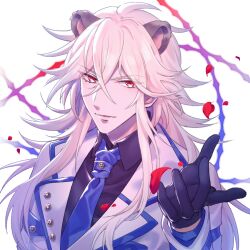 Rule 34 | 1boy, aion (show by rock!!), animal ears, black gloves, black shirt, blonde hair, blue necktie, coat, collared shirt, gloves, grey coat, lion boy, lion ears, long hair, long sleeves, looking at viewer, male focus, mel6969, necktie, parted lips, petals, red eyes, shirt, show by rock!!, solo, white background