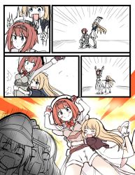 Rule 34 | 4girls, :d, ark royal (kancolle), arms up, atsushi (aaa-bbb), belt, bismarck (kancolle), blonde hair, blue eyes, blush, bob cut, breasts, cleavage cutout, clenched hands, clothing cutout, comic, commentary, corset, crying, crying with eyes open, dress, emphasis lines, closed eyes, fingerless gloves, flower, gloves, hair between eyes, hat, unworn hat, unworn headwear, highres, hug, hug from behind, jacket, jervis (kancolle), kantai collection, long hair, mary janes, military, military hat, mini hat, multiple girls, one eye closed, on one knee, open mouth, overskirt, pantyhose, peaked cap, pola (kancolle), red flower, red hair, red ribbon, red rose, ribbon, rose, sailor dress, sailor hat, shoes, short hair, shorts, smile, tears, tiara, wavy hair, wavy mouth