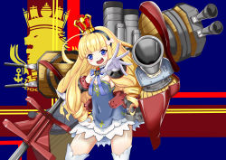 Rule 34 | 1girl, :d, absurdres, ahoge, anchor symbol, armpits, azur lane, black dress, blonde hair, blue background, blue bow, blue eyes, blunt bangs, blush, bow, bowtie, commentary request, covered navel, cowboy shot, crown, detached sleeves, dress, fang, flat chest, frilled dress, frills, gan-metal, gloves, hairband, highres, holding, holding scepter, long hair, looking at viewer, machinery, mini crown, multicolored background, open mouth, outstretched arm, queen elizabeth (azur lane), red background, rigging, ringlets, royal navy (emblem) (azur lane), scepter, sidelocks, sleeveless, sleeveless dress, smile, smokestack, solo, standing, striped clothes, striped hairband, thighhighs, turret, very long hair, white bow, white gloves, white thighhighs, zettai ryouiki
