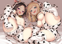 Rule 34 | 2girls, :d, animal costume, animal ears, animal print, ass, asuka ruu, baakurou, bell, neck bell, bikini, black hair, blonde hair, blush, braid, breasts, cameltoe, chinese zodiac, collar, commentary request, cow costume, cow ears, cow girl, cow hood, cow horns, cow print, cow tail, cowbell, eyepatch bikini, fang, flat chest, fudou devi, horns, kiratto pri chan, large breasts, leg up, long hair, looking at viewer, lying, multiple girls, navel, on back, open mouth, pretty series, print bikini, print legwear, purple eyes, skin fang, smile, spread legs, swimsuit, tail, thighhighs, underboob, year of the ox