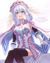 Rule 34 | 1girl, :d, anniversary, blue dress, blue eyes, breasts, brown thighhighs, commentary request, copyright name, dated, dress, feathered wings, feet out of frame, gloves, grey hair, hair between eyes, hat, highres, knees together feet apart, long hair, looking at viewer, medium breasts, melia antiqua, open mouth, shinae, sitting, smile, solo, thighhighs, white background, white gloves, white wings, wings, xenoblade chronicles (series), xenoblade chronicles 1