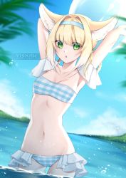 Rule 34 | 1girl, animal ears, arknights, armpits, arms up, bandeau, bikini, blonde hair, blue bikini, blue hairband, blue sky, breasts, cleavage, commentary, cowboy shot, day, detached collar, english commentary, fox ears, green eyes, groin, hair intakes, hairband, highres, looking at viewer, navel, nealayiskah, parted lips, plaid, plaid bikini, short hair, sky, small breasts, solo, standing, stomach, strapless, strapless bikini, suzuran (arknights), swimsuit, wading, water