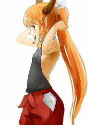 Rule 34 | 1girl, adjusting hair, alternate costume, alternate hairstyle, armpits, arms up, bad id, bad twitter id, blush, bow, covered erect nipples, flat chest, hair bow, hair ornament, horns, ibuki suika, inactive account, long hair, looking at viewer, nipples, nishiuri, orange hair, pants, pointy ears, ponytail, profile, red eyes, rubber band, shirt, simple background, sleeveless, solo, touhou, tying hair, white background