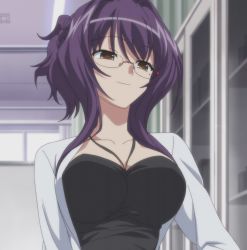 Rule 34 | 00s, 11eyes, 1girl, akamine saiko, anime screenshot, breasts, doctor, glasses, highres, purple hair, screencap, stitched, third-party edit