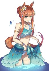 Rule 34 | 1-4daithi, 1girl, absurdres, animal ears, anime coloring, blue eyes, blunt bangs, blush, braid, crown braid, ear flower, flower, flower on chest, hair flower, hair ornament, highres, hime cut, horse ears, horse girl, horse tail, looking down, official alternate costume, official alternate hairstyle, orange hair, silence suzuka (emerald on the waves) (umamusume), silence suzuka (umamusume), smile, solo, standing, swimsuit, tail, umamusume