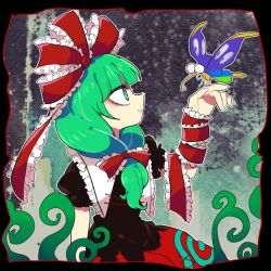 Rule 34 | 1girl, @ @, animal, arm ribbon, bow, bug, butterfly, butterfly on hand, dress, frilled ribbon, frills, from side, front ponytail, furukawa (yomawari), green eyes, green hair, hair bow, hair ribbon, hand up, bug, insect wings, kagiyama hina, looking at another, open mouth, red dress, red ribbon, ribbon, smile, touhou, wings