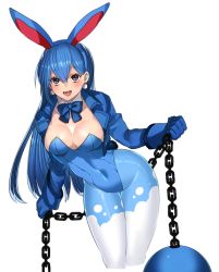 Rule 34 | 1girl, :d, animal ears, azumarill, bad id, bad twitter id, blue hair, breasts, chain, cleavage, covered navel, creatures (company), detached collar, earrings, fake animal ears, game freak, gen 2 pokemon, jewelry, katagiri hachigou, large breasts, looking at viewer, nintendo, open mouth, pantyhose, personification, pokemon, simple background, smile, solo, white background, wrist cuffs