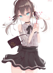 Rule 34 | 1girl, absurdres, ahoge, aqua eyes, bad id, bad pixiv id, bag, bare shoulders, black bow, black bowtie, black skirt, blouse, bow, bow skirt, bowtie, braid, brown hair, cat hair ornament, closed mouth, clothing cutout, collared shirt, cowboy shot, crown braid, cup, disposable cup, earrings, grey shirt, hair between eyes, hair ornament, handbag, heart, heart-shaped pupils, highres, holding, holding cup, hololive, jewelry, lace, lace sleeves, light blush, looking at viewer, miniskirt, natsuiro matsuri, official alternate costume, plaid, plaid shirt, puffy short sleeves, puffy sleeves, see-through, see-through sleeves, shirt, short hair, short sleeves, shoulder cutout, signature, simple background, skirt, smile, solo, symbol-shaped pupils, twintails, virtual youtuber, watch, white background, wristwatch, yohagi