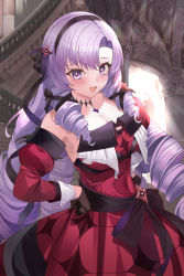 Rule 34 | 1girl, :d, black gloves, black hairband, black ribbon, breasts, chest tattoo, cleavage, detached sleeves, dress, drill hair, furrowed brow, gloves, hair ornament, hair ribbon, hairband, hands on own hips, hyakumantenbara salome, hyakumantenbara salome (1st costume), juliet sleeves, long hair, long sleeves, looking at viewer, medium breasts, mujinbensin, nijisanji, off-shoulder dress, off shoulder, open mouth, puffy sleeves, purple hair, red dress, ribbon, smile, solo, sparkle, stairs, symbol in eye, tattoo, very long hair, virtual youtuber