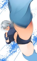 Rule 34 | 1girl, abs, absurdres, angel (kof), black gloves, black jacket, black panties, blue background, blue eyes, blue thighhighs, breasts, clenched hands, cropped jacket, crotch, fingerless gloves, gloves, groin, hair between eyes, hand up, highres, jacket, kicking, incoming kick, kuma8132, large breasts, leather, leather jacket, looking at viewer, midriff, motion blur, navel, panties, parted lips, short hair, silver hair, sleeves pushed up, snk, solo, spread legs, the king of fighters, the king of fighters 2001, thighhighs, thighs, underwear, white background