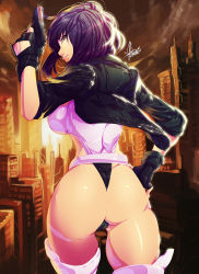 Rule 34 | 1girl, absurdres, ass, back, breasts, cameltoe, city, cropped jacket, fingerless gloves, ghost in the shell, ghost in the shell stand alone complex, gloves, gun, hand on own hip, handgun, highres, jacket, kusanagi motoko, large breasts, leotard, looking back, naughty face, pistol, purple hair, short hair, sideboob, smile, solo, thigh gap, thighhighs, thong leotard, topsu, weapon, wedgie
