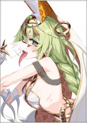 Rule 34 | 1girl, absurdres, animal ears, bandaged arm, bandaged hand, bandages, bare shoulders, braid, braided ponytail, breasts, clothing request, commentary, drooling, earrings, egyptian clothes, fake animal ears, green eyes, green hair, highres, honkai (series), jewelry, kei (soundcross), long hair, long tongue, looking at viewer, medium breasts, mobius (honkai impact), mobius (scorching gravel) (honkai impact), mouth veil, open mouth, saliva, sidelocks, simple background, slit pupils, solo, symbol-only commentary, tongue, tongue out, upper body, veil, white background