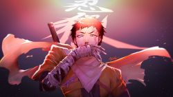 Rule 34 | 1boy, artist name, bandaged arm, bandages, blood, blood on face, brown hair, coat, commentary request, cosplay, covering own mouth, hand over own mouth, hand up, highres, looking at viewer, male focus, nijisanji, nosebleed, orange coat, prosthesis, scar, scar on face, scarf, sekiro, sekiro (cosplay), short hair, short sleeves, solo, torn clothes, torn scarf, touoh, translation request, upper body, virtual youtuber, weapon, weapon on back, yashiro kizuku