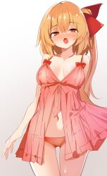 Rule 34 | 1girl, alternate costume, alternate hair length, alternate hairstyle, arms at sides, babydoll, babydoll lift, bare arms, blonde hair, blush, bow, breasts, breasts apart, collarbone, commentary request, commission, cowboy shot, eyes visible through hair, flandre scarlet, hair between eyes, hair bow, highres, kamukamu (ars), lifted by self, long hair, looking at viewer, medium breasts, navel, nose blush, panties, partial commentary, photoshop (medium), pink babydoll, red bow, red eyes, red panties, side ponytail, simple background, solo, standing, thigh gap, touhou, underwear, very long hair, white background