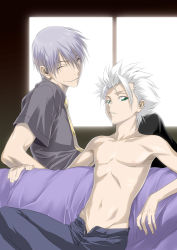 Rule 34 | 2boys, age difference, bleach, couch, closed eyes, green eyes, grin, hair between eyes, hitsugaya toushirou, ichimaru gin, kedo mitsuharu, male focus, multiple boys, necktie, pants, shirt, short hair, sitting, skinny, smile, spiked hair, squinting, topless male, unbuttoned, white hair, window, yaoi