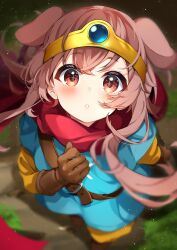 Rule 34 | 1girl, animal ears, blue tunic, blurry, brown eyes, brown gloves, brown hair, circlet, cosplay, depth of field, dog ears, dragon quest, dragon quest iii, extra ears, from above, full body, gloves, hair between eyes, highres, hololive, inugami korone, leather, leather gloves, long hair, looking at viewer, pants, parted lips, red scarf, roto (dq3), roto (dq3) (cosplay), scarf, solo, star (symbol), star in eye, symbol in eye, takumin dx, virtual youtuber, yellow pants
