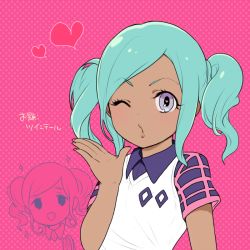 Rule 34 | 1girl, aqua hair, bad id, bad pixiv id, blowing kiss, female focus, heart, ibashi roni, inazuma eleven, inazuma eleven (series), looking at viewer, one eye closed, oosaka gals, partially colored, pink background, short twintails, soccer uniform, solo, sportswear, twintails, upper body, urabe rika