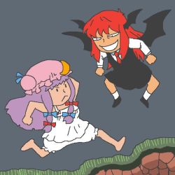 Rule 34 | &gt;:&lt;, &gt;:d, . ., 2girls, :&lt;, :d, bloomers, closed mouth, evil grin, evil smile, grin, hat, jpeg artifacts, koakuma, long hair, makaimura, multiple girls, onikobe rin, open mouth, patchouli knowledge, purple hair, red hair, smile, touhou, underwear, v-shaped eyebrows
